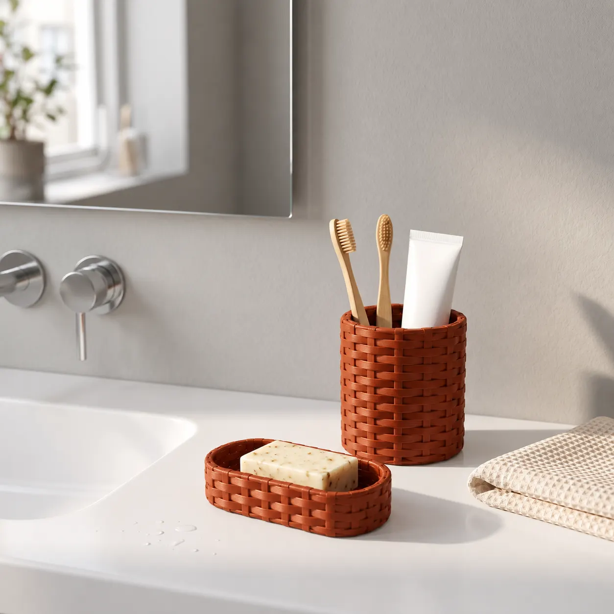 Kit de banheiro trançado terracota na pia com escovas de dente e sabonete