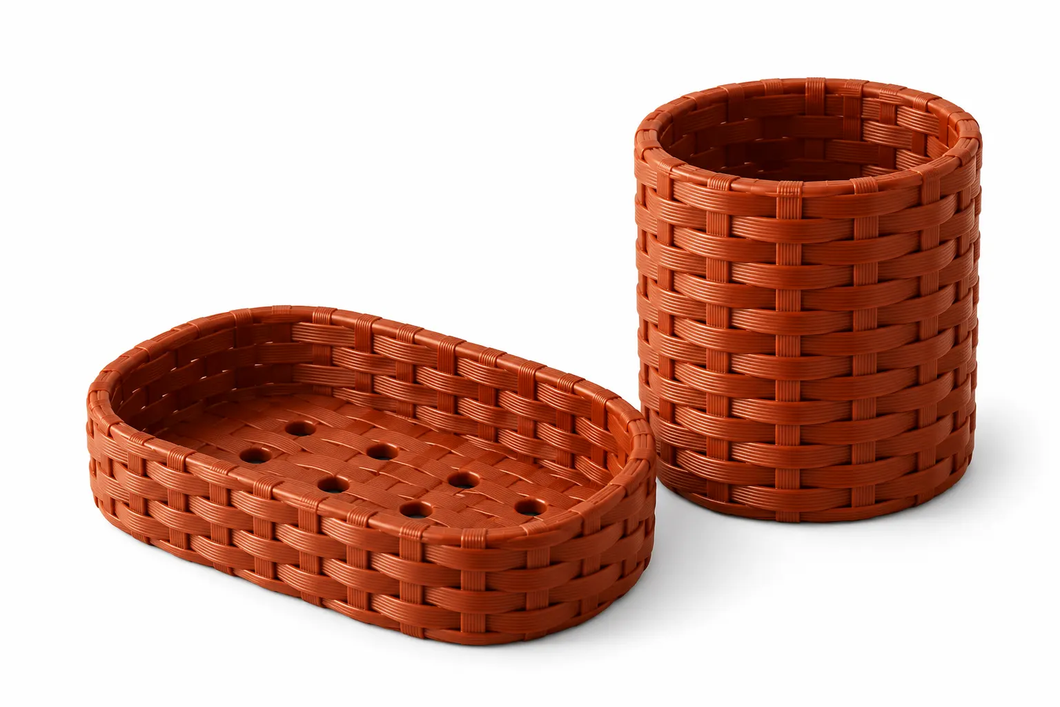 Copo e saboneteira com textura trançada cor terracota