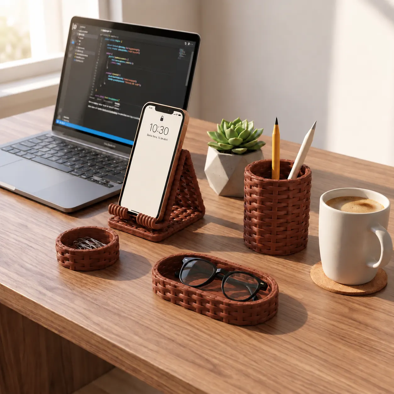 Kit de mesa trançado terracota em uma mesa de trabalho com notebook, celular e caneca