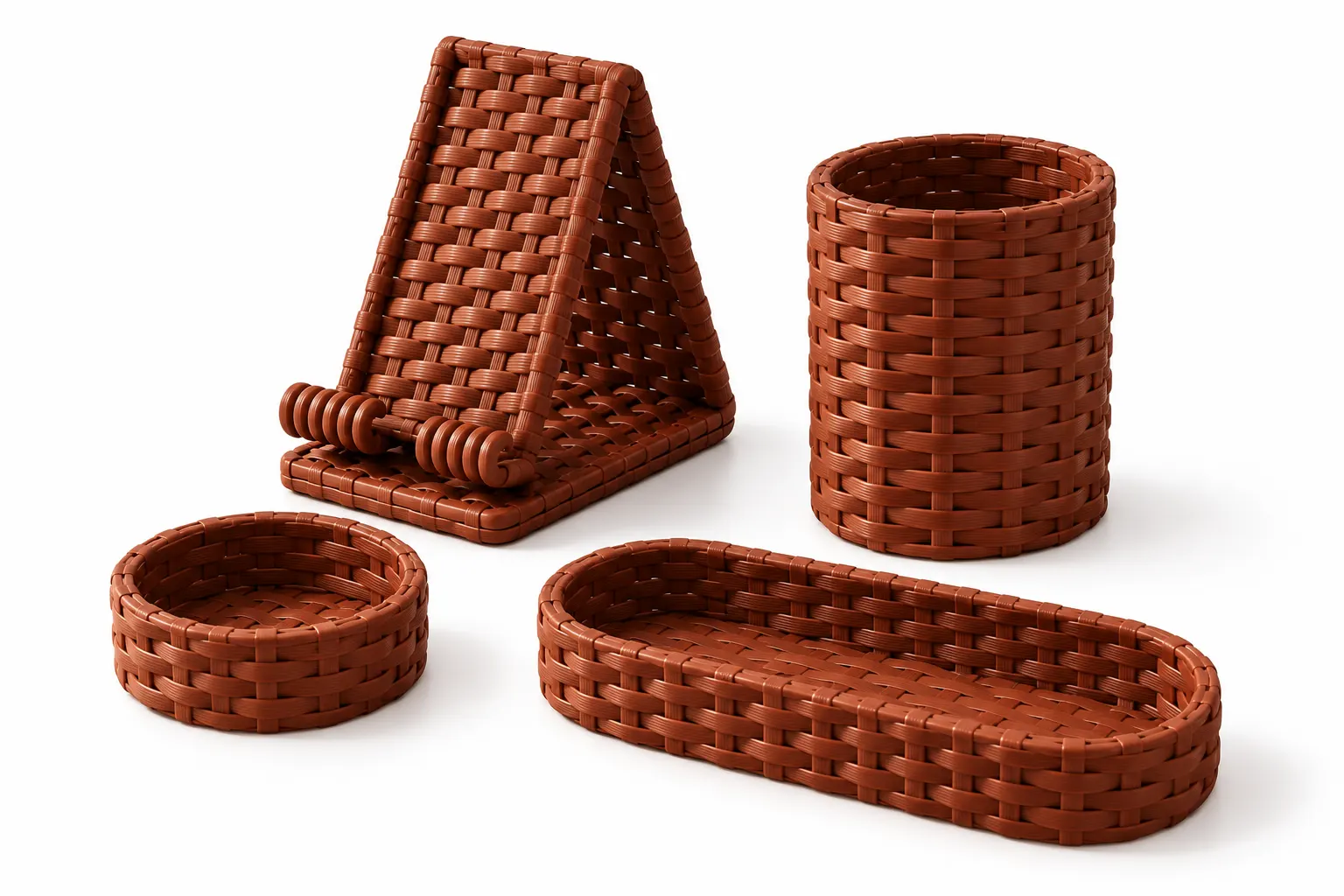 Conjunto organizador de mesa trançado terracota com suporte de celular, porta-lápis e duas bandejas