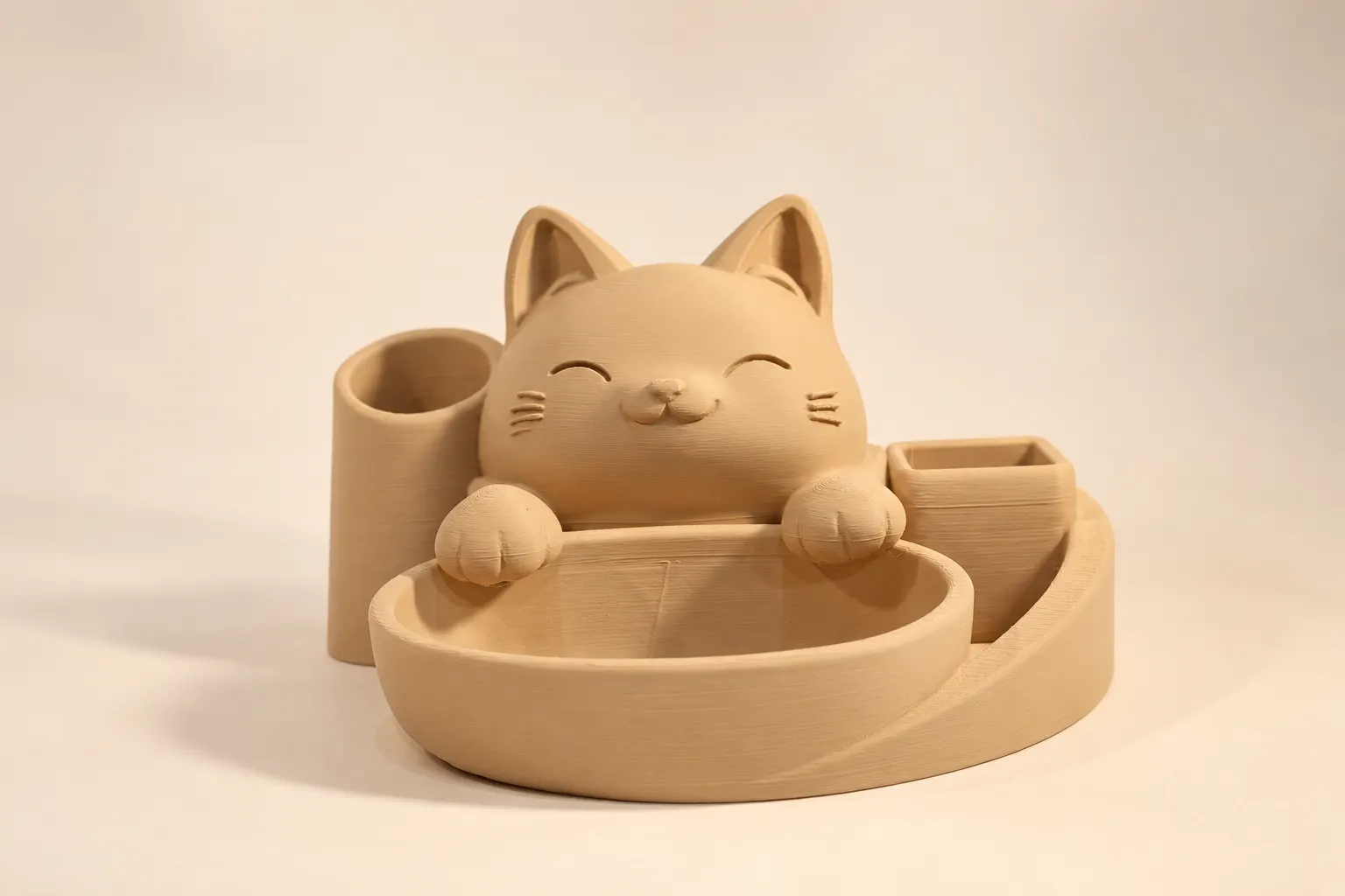 Organizador de mesa gato visto de frente, com bandeja e porta-canetas