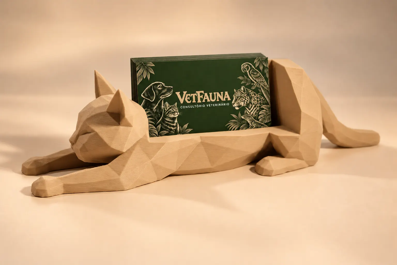 Porta-cartão em forma de gato low-poly segurando cartões de um consultório veterinário